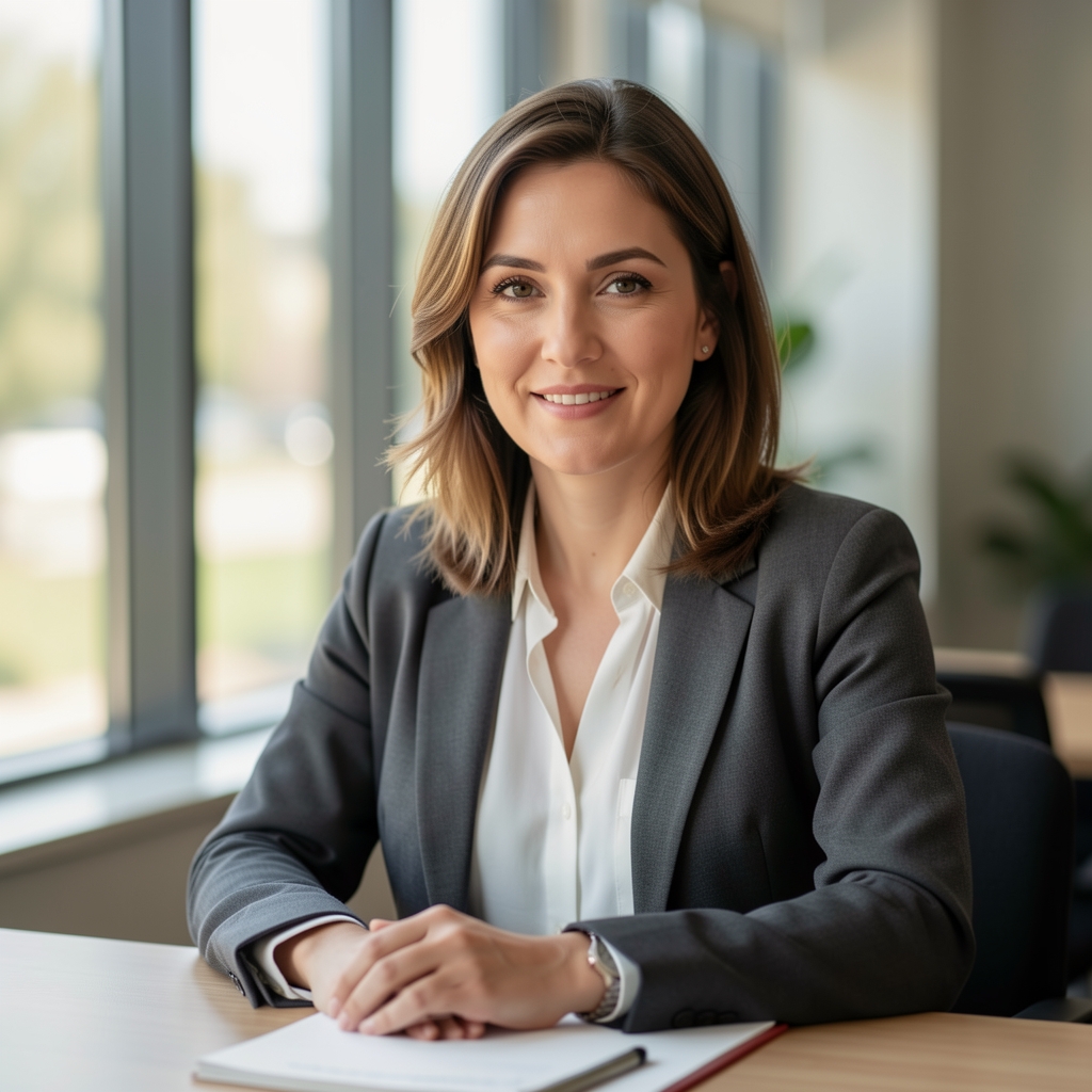 Editorial portrait of a nutritionist writer at a desk, soft natural light through tall windows