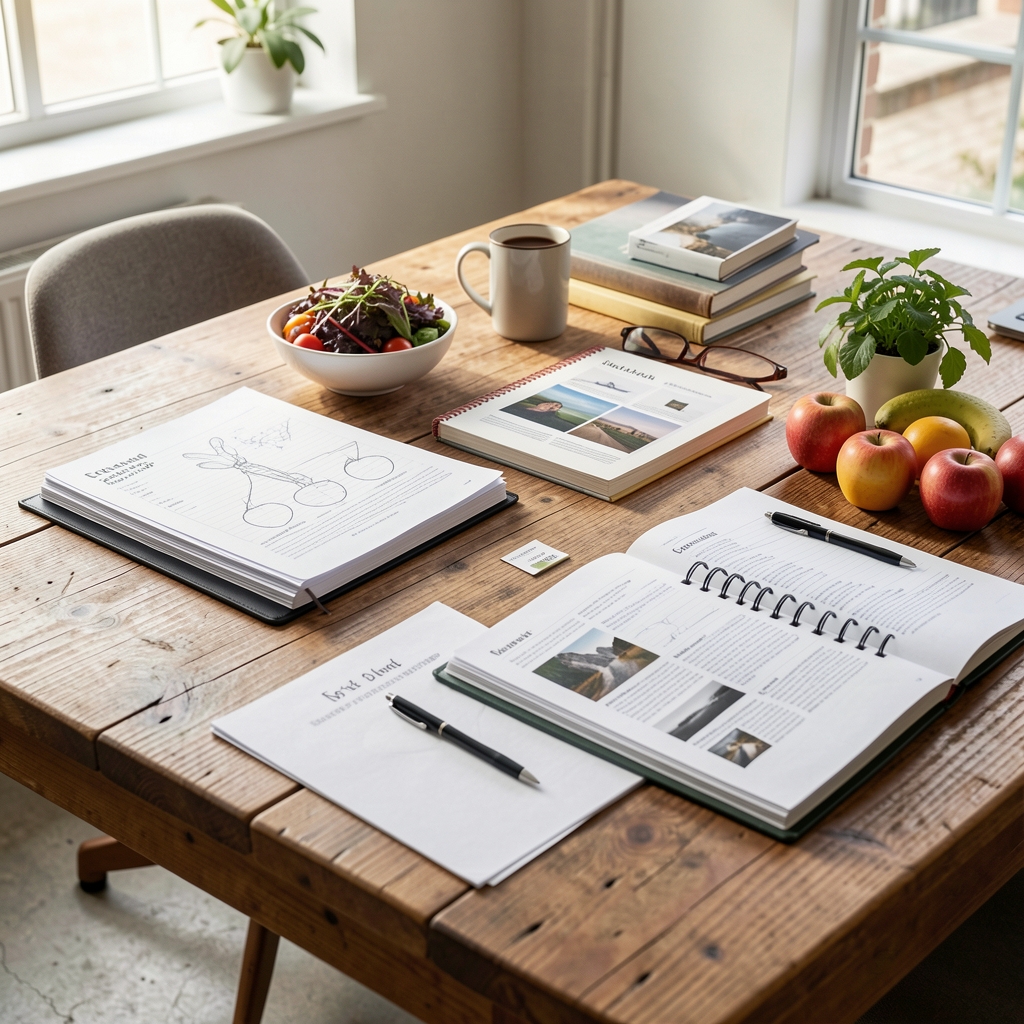 Editorial workspace with notebooks, produce, and reference materials on a wide wooden desk in daylight