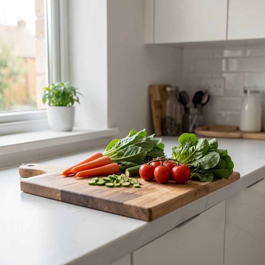 A home kitchen counter with a wooden chopping board, several fresh vegetables partially prepared, natural light from a nearby window, minimal composition
