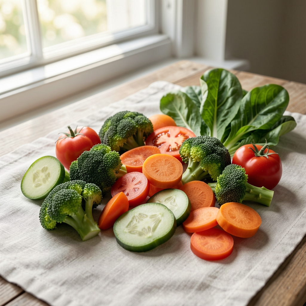Fresh mixed vegetables including leafy greens, bell peppers and root vegetables arranged on a pale linen cloth under natural window light