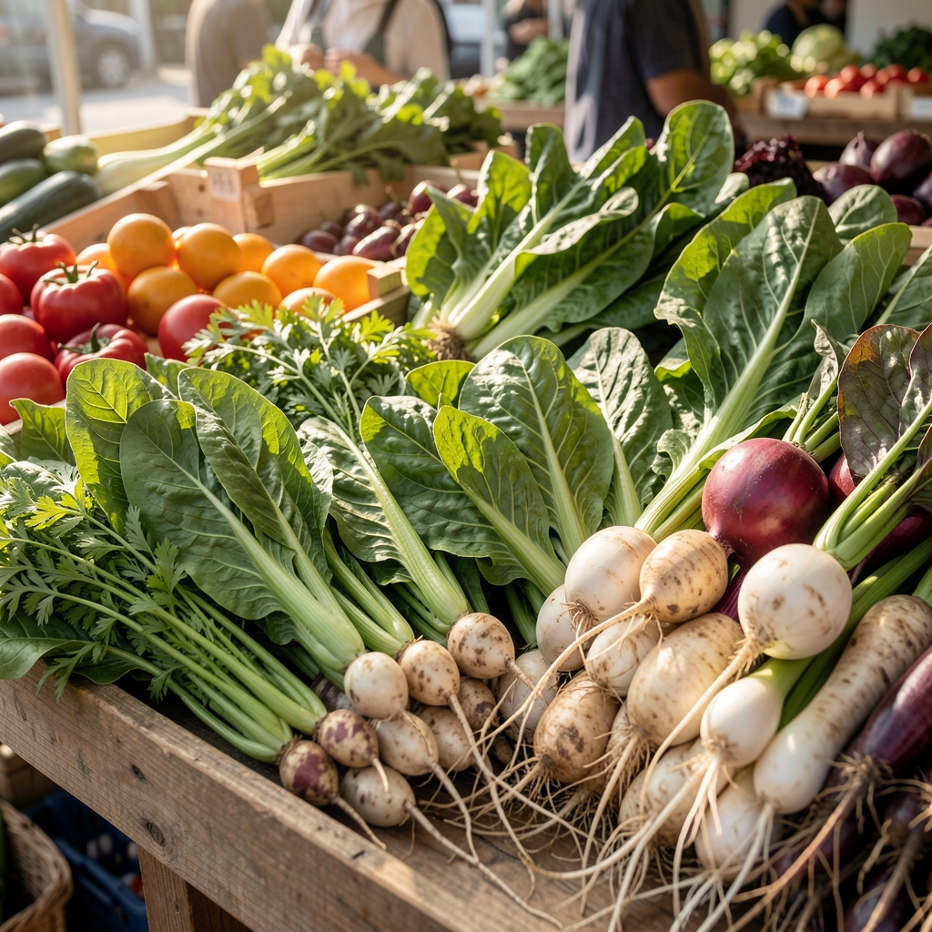 Market produce arranged by season, leafy greens and roots, natural morning light