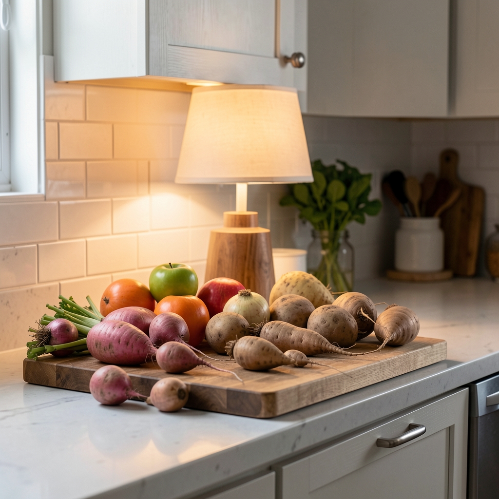 Home kitchen counter with seasonal root vegetables, warm lamp light, wooden chopping board