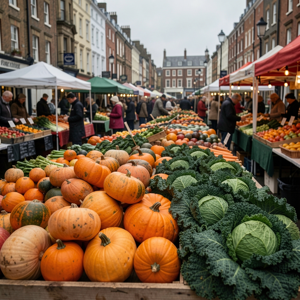 Autumn and winter vegetables — celeriac, squash and kale — stacked at a London farmers market stall in early morning overcast light
