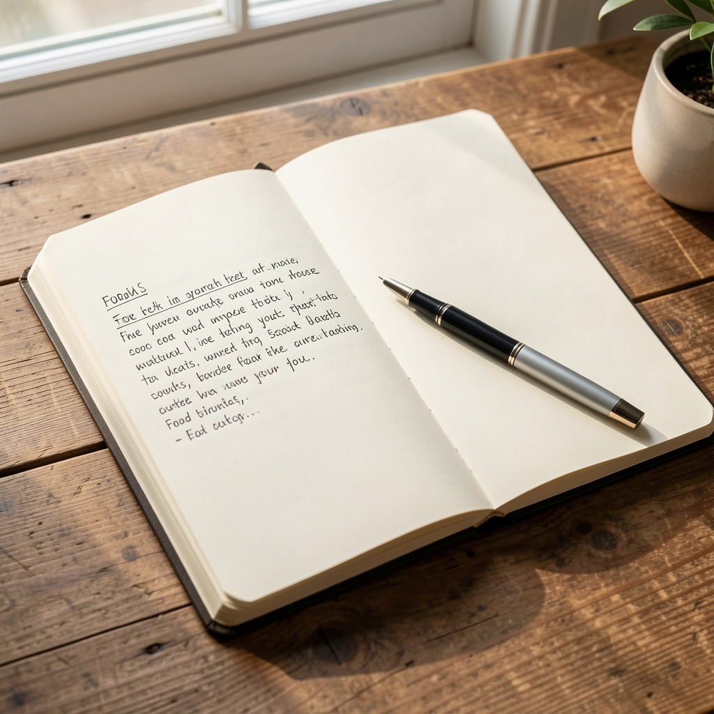 Notebook open on a wooden desk in daylight, handwritten food journal entry, pen resting on page