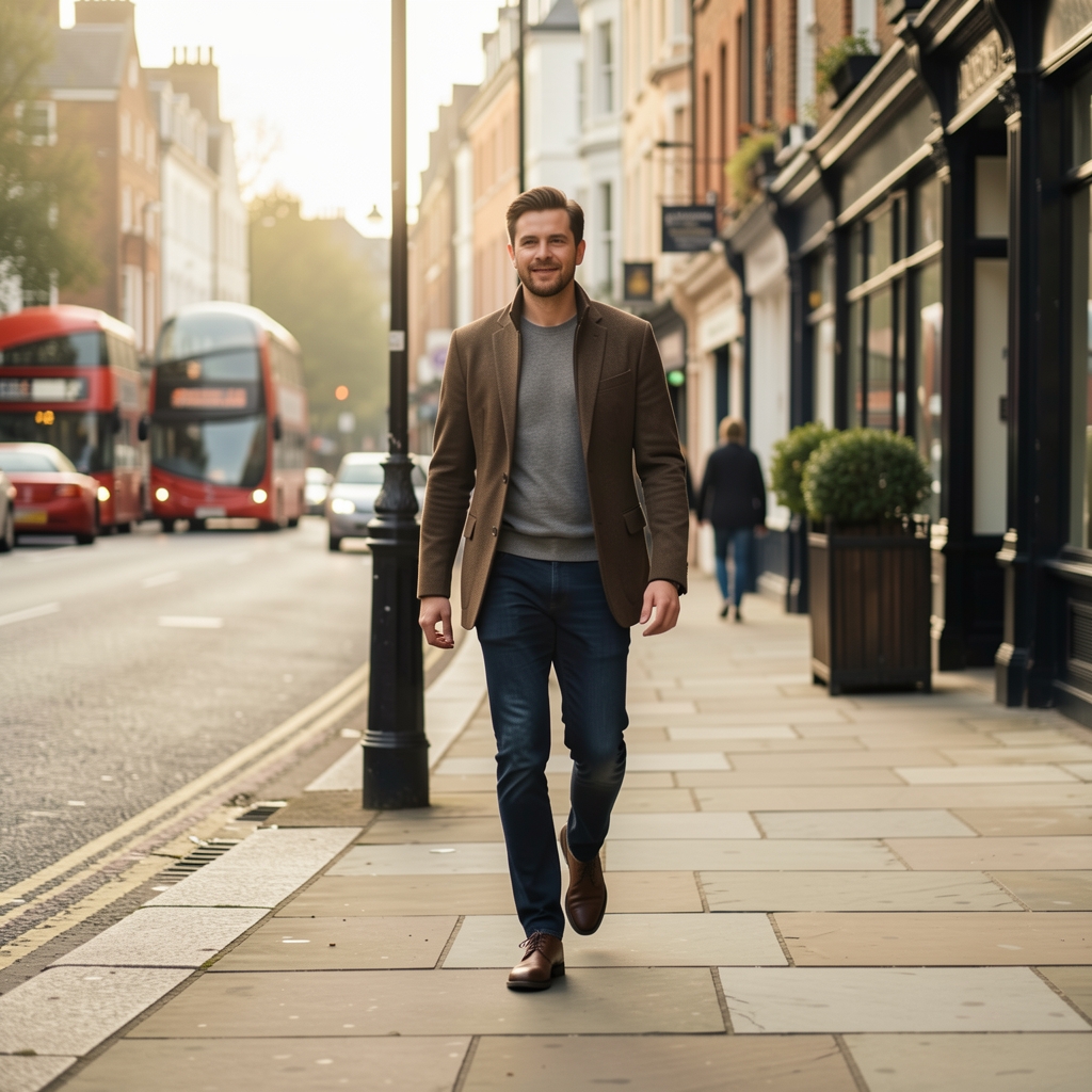Person walking at pace on a wide London pavement in morning light, motion slightly blurred, wearing practical athletic shoes