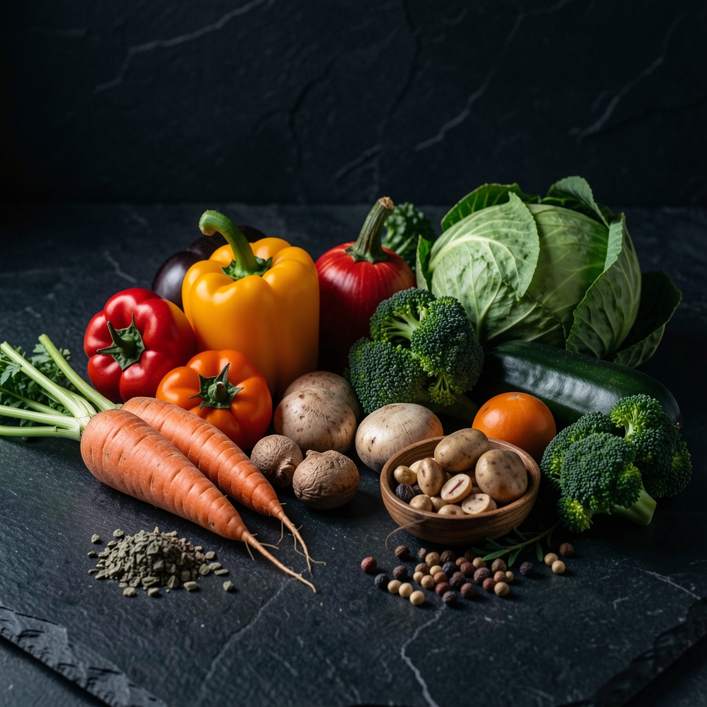 Seasonal vegetables and whole foods arranged on a dark stone surface, editorial composition with dramatic low lighting